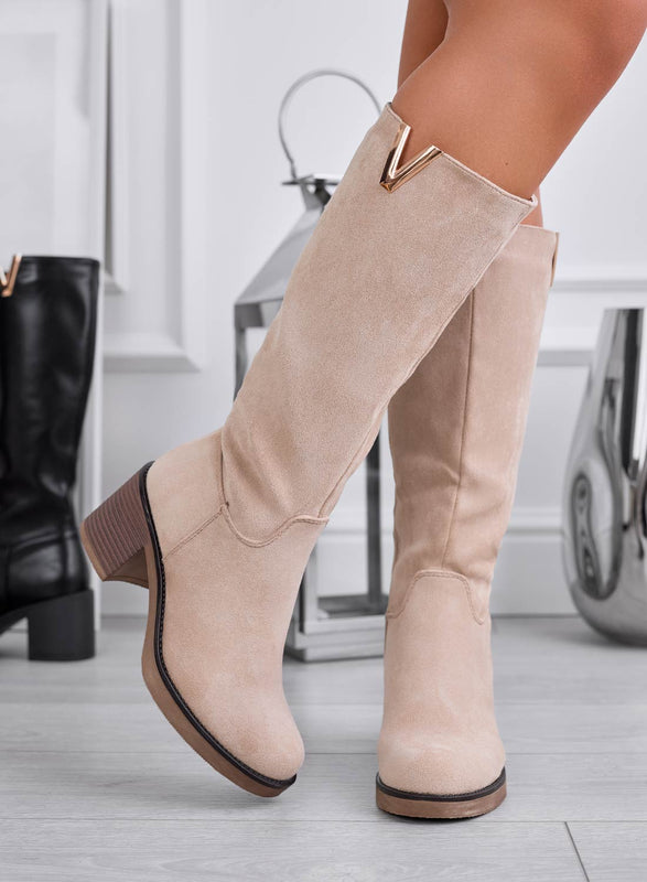 ALICE - Bottines en daim beige à talon bloc confortable