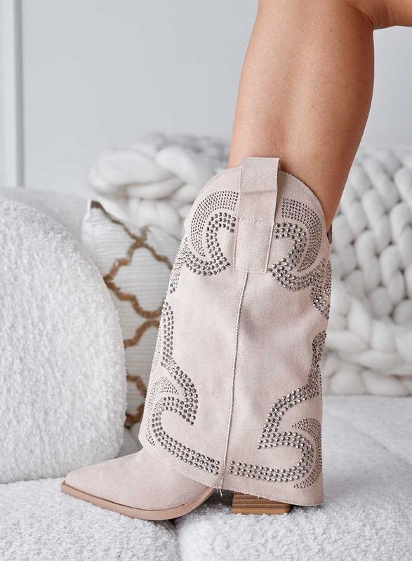 ARAGON - Bottines camperos beige en daim avec strass