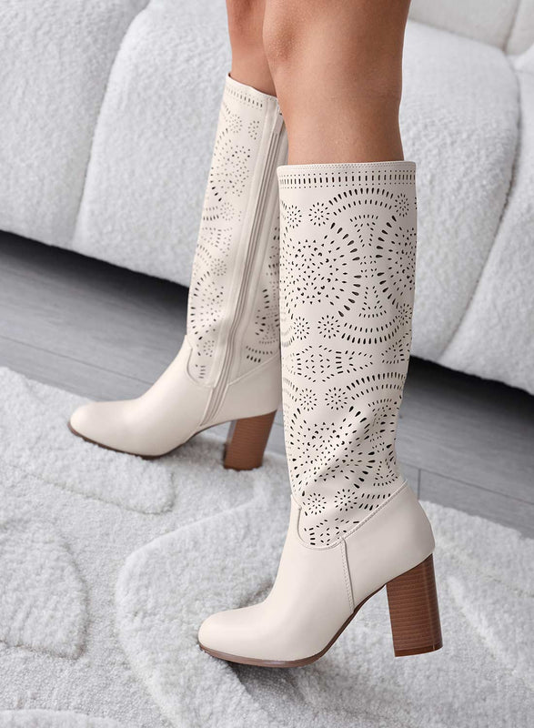DEREK - Beige perforated boots with comfortable heel