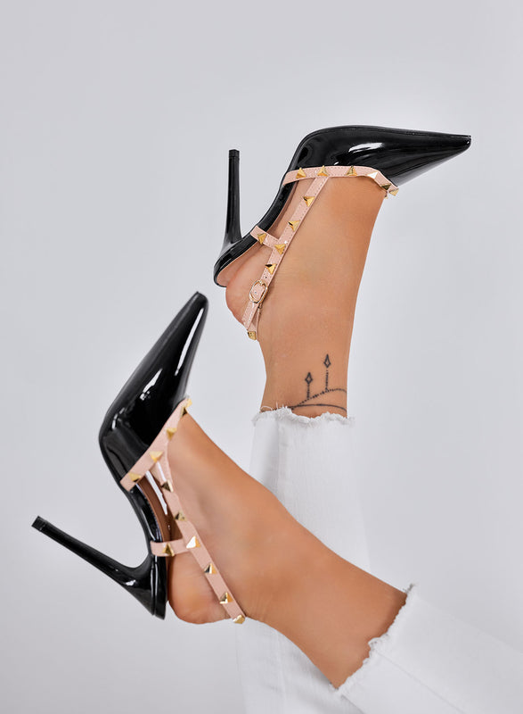 KIMM - Black Patent Leather Slingback Pumps with Gold Studs and High Heel