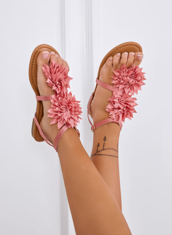 CONNIE - Tongs en satin rose avec fleur appliquée