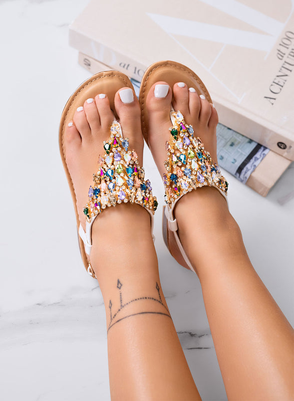 EDDIE - Sandales blancs bijoux plats avec pierres multicolores