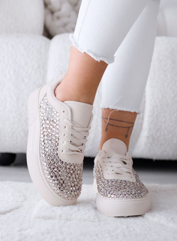 CASSANDRA - Baskets beiges avec strass et détails lumineux