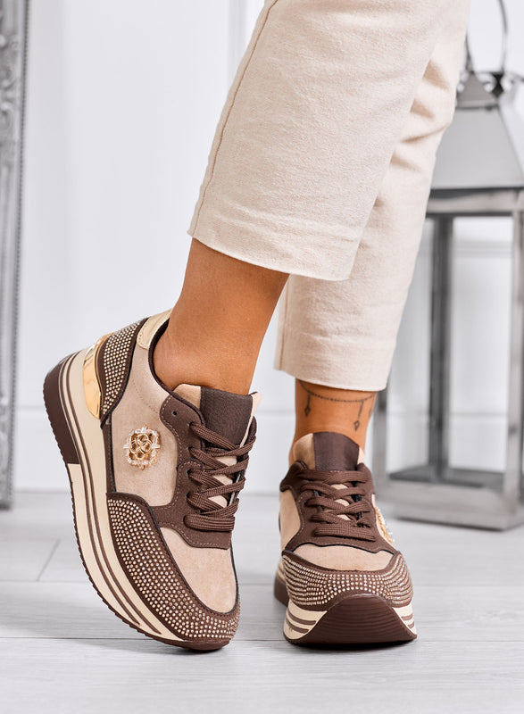 XIOMARA - Baskets marron à plateforme avec inserts dorés et strass