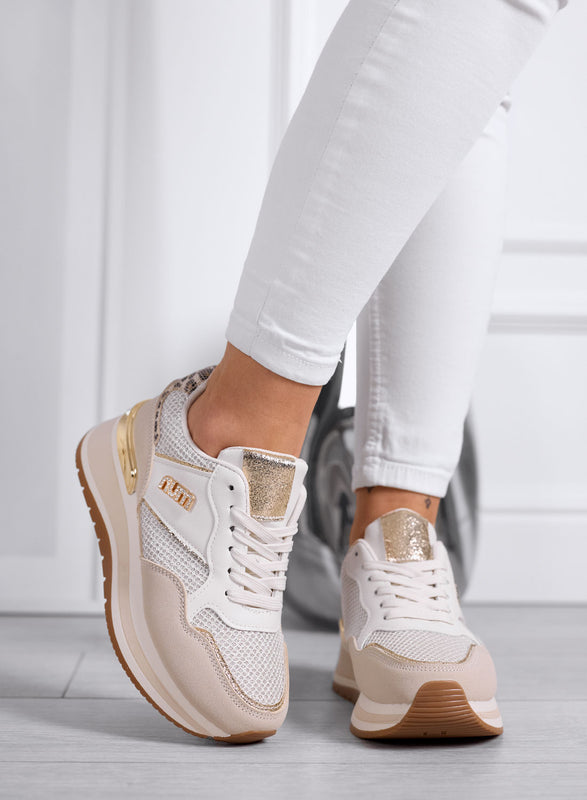 GIADA - Beige Sneakers with Mesh Inserts and Gold Details
