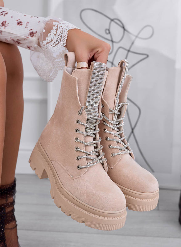 FULVIA - Bottines beiges Alexoo avec lacets et languette ornée de bijoux