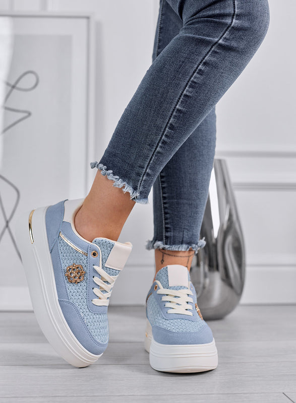 CLARA - Baskets bleues à plateforme avec inserts tressés et détails dorés