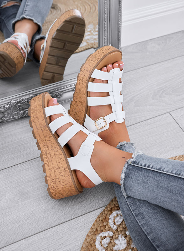 MATILDE - Sandali bianchi con zeppa platform effetto sughero