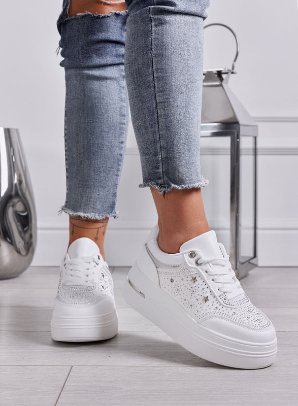 MELANIA - Sneakers Donna bianche con Strass, Stelline e Suola Platform
