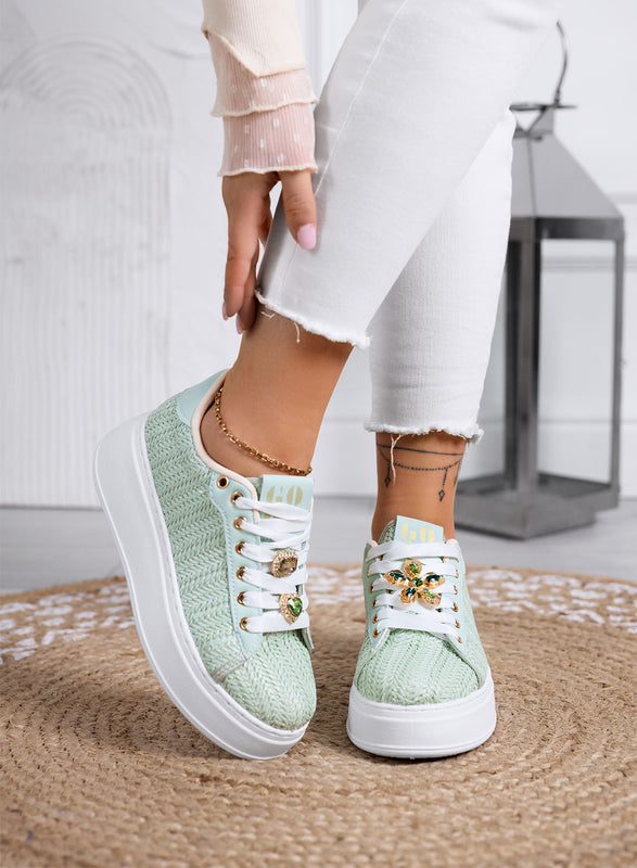 MARISA - Mint green platform sneakers with jewel embellishment