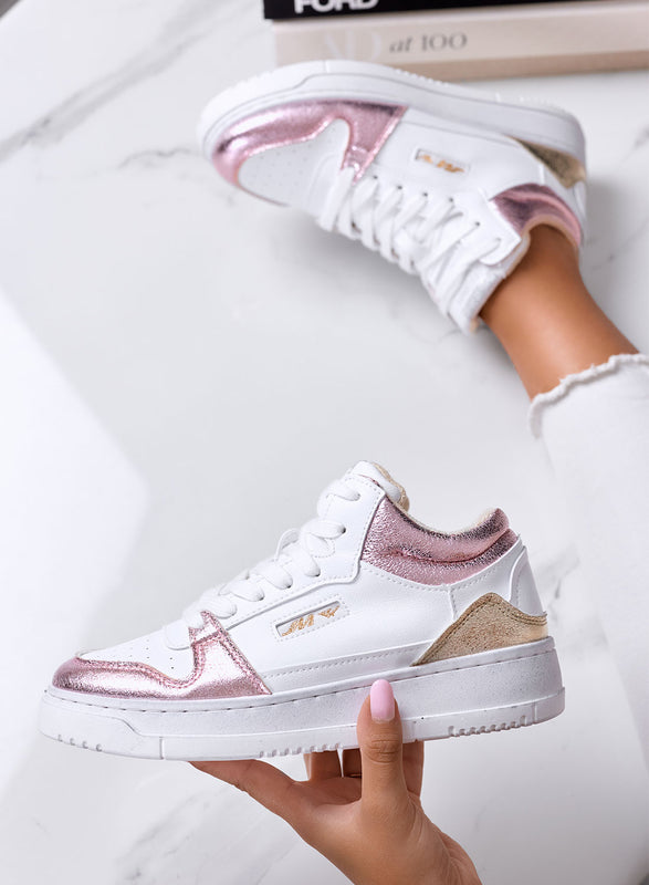 ENRICA - Sneakers Bianche con Dettagli Rosa Metallizzato e Suola Platform