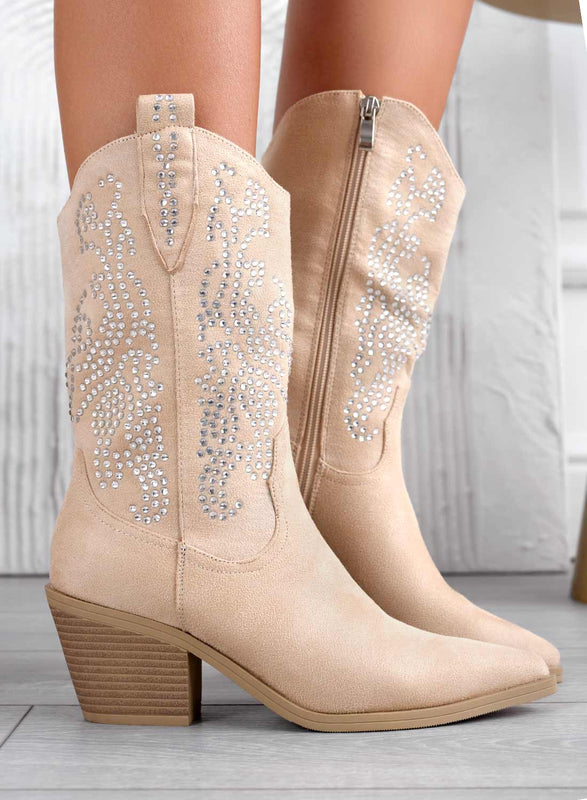 Bottines beige style camperos avec strass