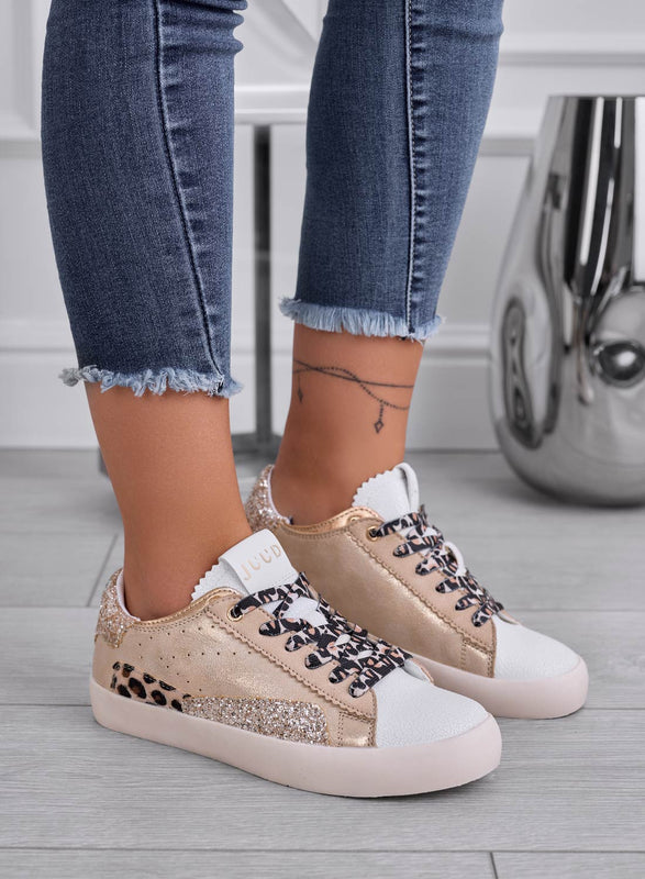 OSCAR - Baskets dorées avec empiècements léopard et paillettes