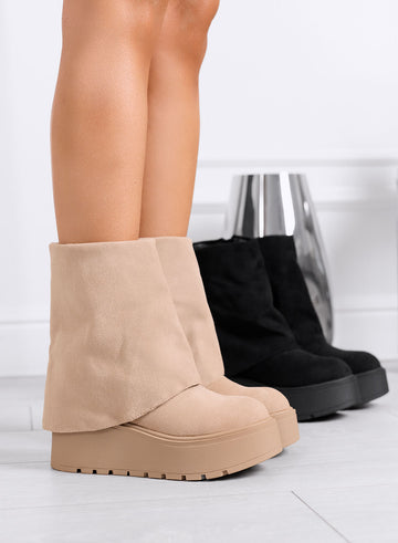 TIBERIA - Bottines beige en daim avec revers et semelle compensée