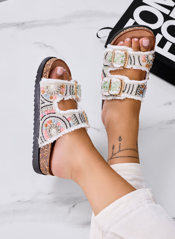 MARGOT - Sandales mules bijoux blanches avec double boucle et tissu effiloché