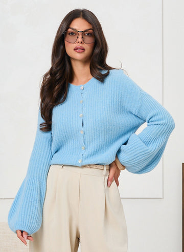 Blue Ribbed Cardigan with Buttons and Soft Sleeves