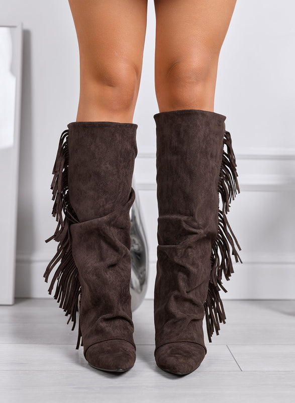 NICOLETTA - Botas altas marrones con flecos laterales y tacón bajo