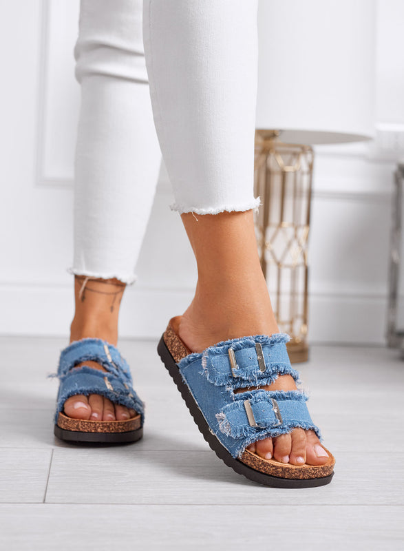 GILDA - Sandales mules bleues en tissu effiloché avec boucles et semelle intérieure en liège