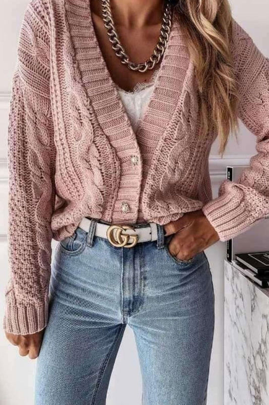 Cardigan in maglia rosa con bottoni perle