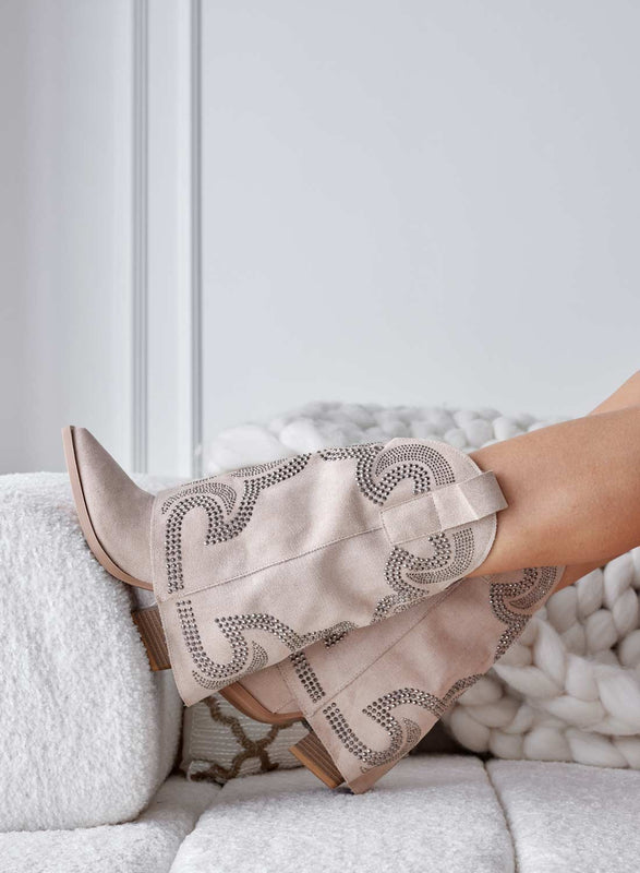 ARAGON - Bottines camperos beige en daim avec strass