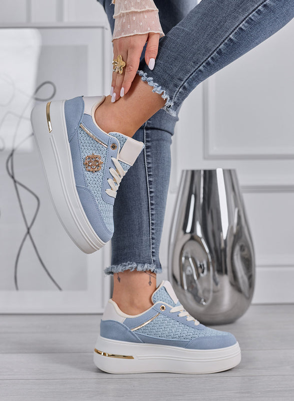 CLARA - Baskets bleues à plateforme avec inserts tressés et détails dorés