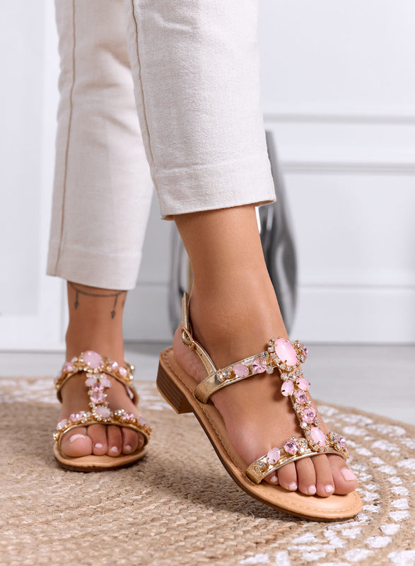 ASTRID - Sandali Gioiello bassi oro con pietre rosa