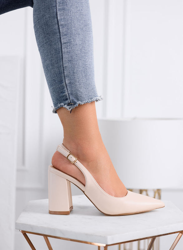 ANGELICA - Décolleté slingback beige a punta con tacco largo