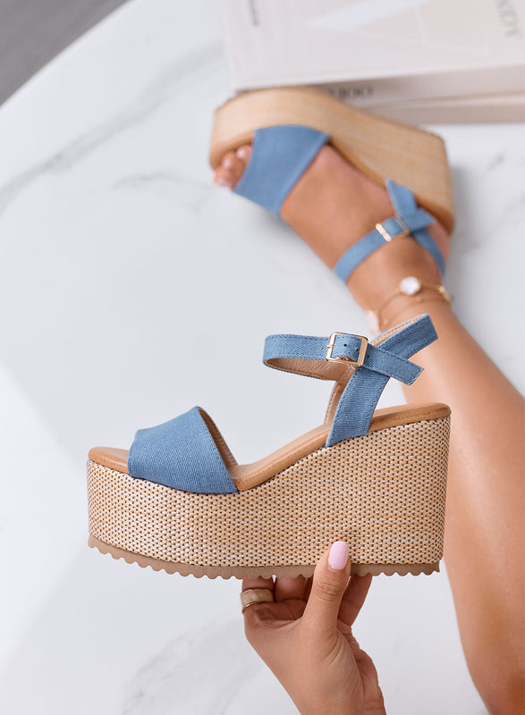 SERENITY - Blue denim wedge sandals with ankle strap