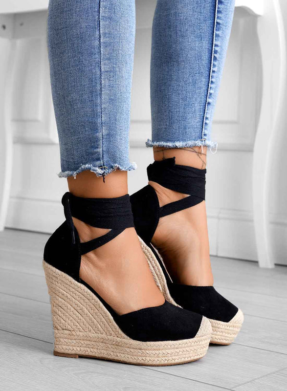 AMBRA Espadrilles noires avec corde et dentelle compensee Alexoo France