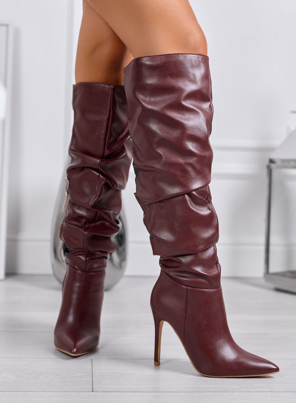 FATIMA - Stivali alti bordeaux arricciati con tacco a spillo