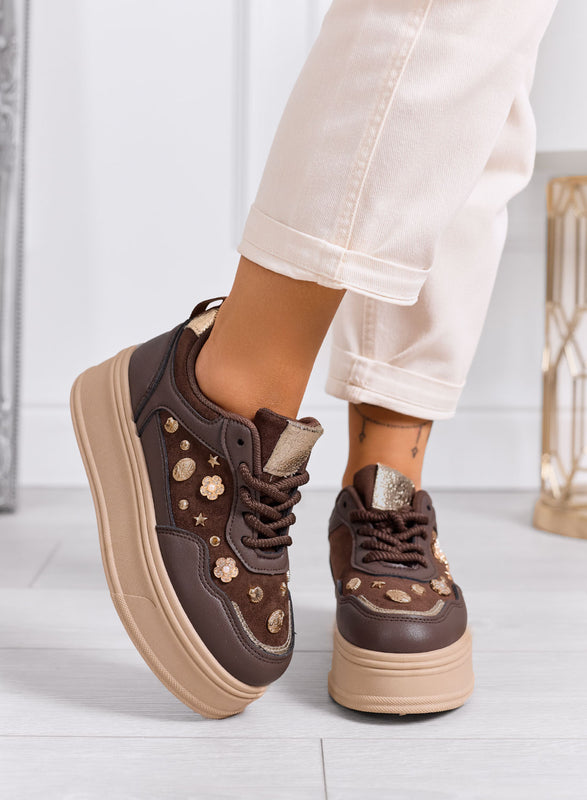 AIDA - Sneakers platform marroni con decorazioni oro
