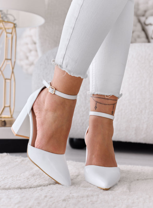 IRENE - Décolleté bianche con Cinturino alla Caviglia e Tacco Largo