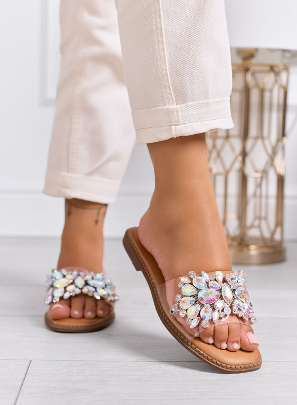 DAFFY - Sandales mules transparents avec applications bijoux iridescentes