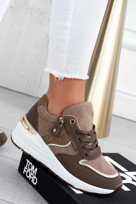 Brown sneakers with glitter inserts