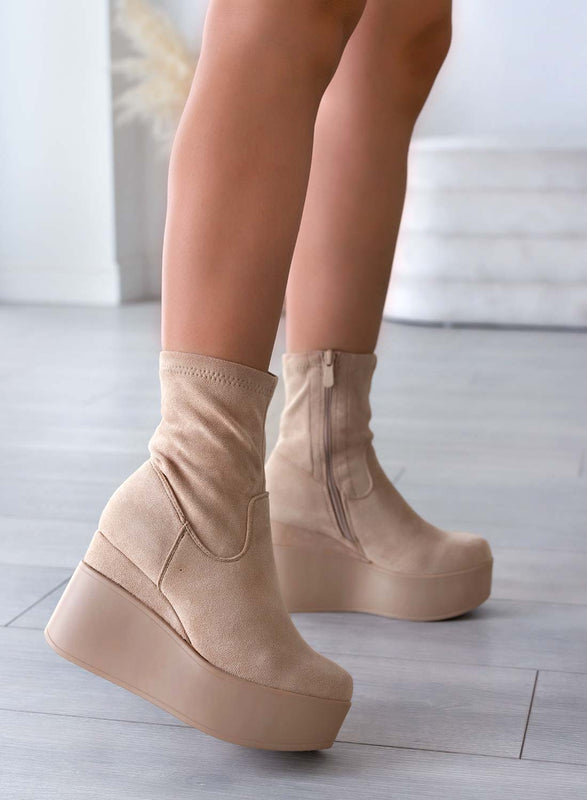 MIAA - Bottines Alexoo beige en daim avec semelle compensée