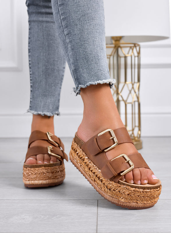 DANIEL - Sandales marron à plateforme, double boucle et semelle en corde