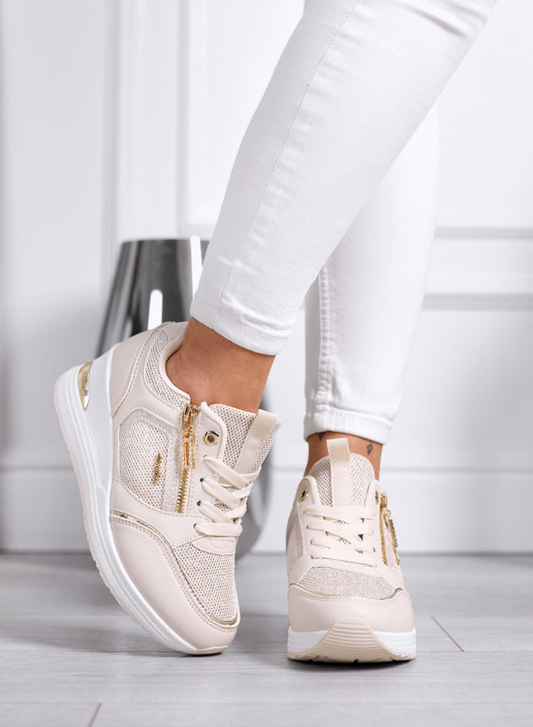 GEMMA - Beige Sneakers with Side Zip and Mesh Inserts