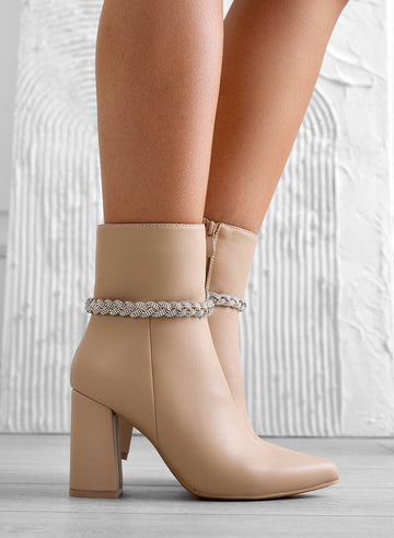 Beige ankle boots with silver jewel braid