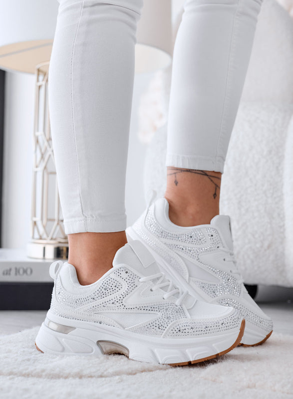 MARTINA - White Sneakers with Rhinestones and Chunky Platform Sole