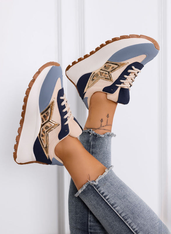 CLARISSA - Baskets bleu et beige avec détail léopard et semelle épaisse