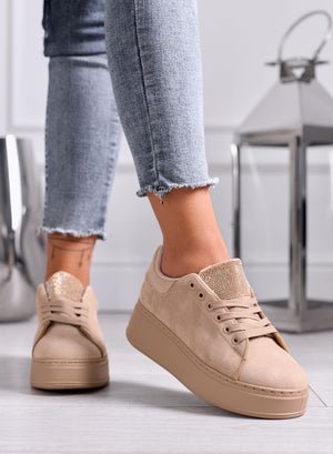 TOSCA - Sneakers Beige in Camoscio con Linguetta in Strass oro