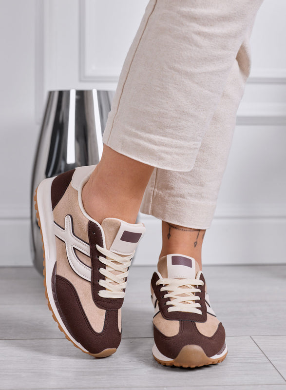 MONICA - Sneakers marroni con inserti e lacci panna
