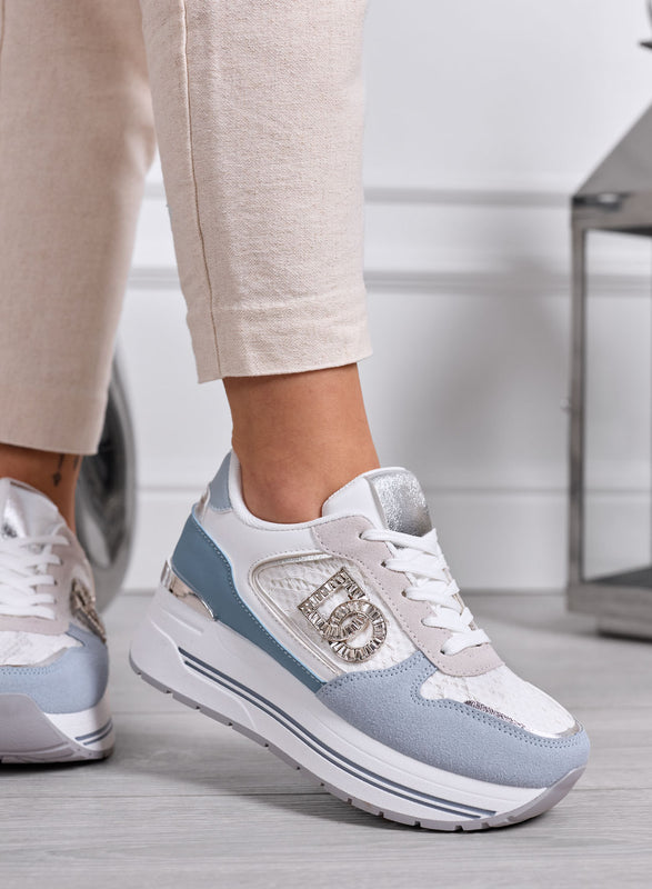 ESTER - Sneakers azzurre Platform con Dettagli grigi e Logo Gioiello