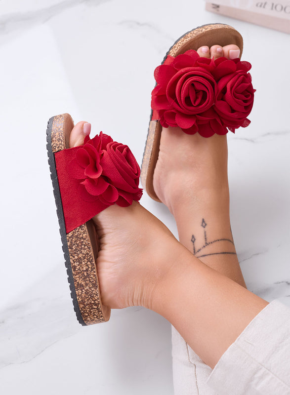 SUMMER - Red slide sandals with applied flowers