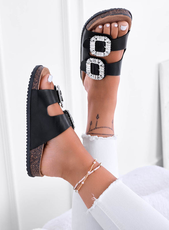 ADDY - Sandales mules noires en liège avec boucles strass