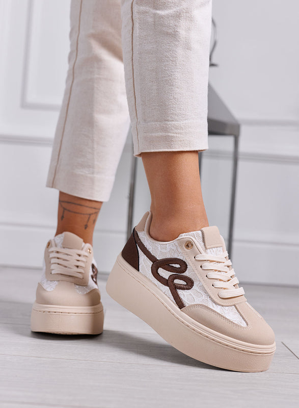 SHARON - Sneakers Donna Beige con Pizzo e Suola Platform