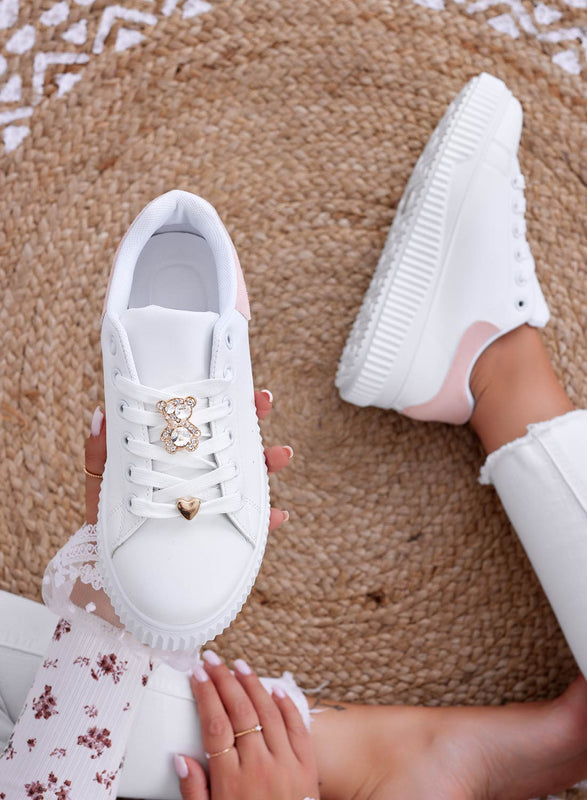 BEVERLY - Baskets blanches avec ours bijou et dos rose