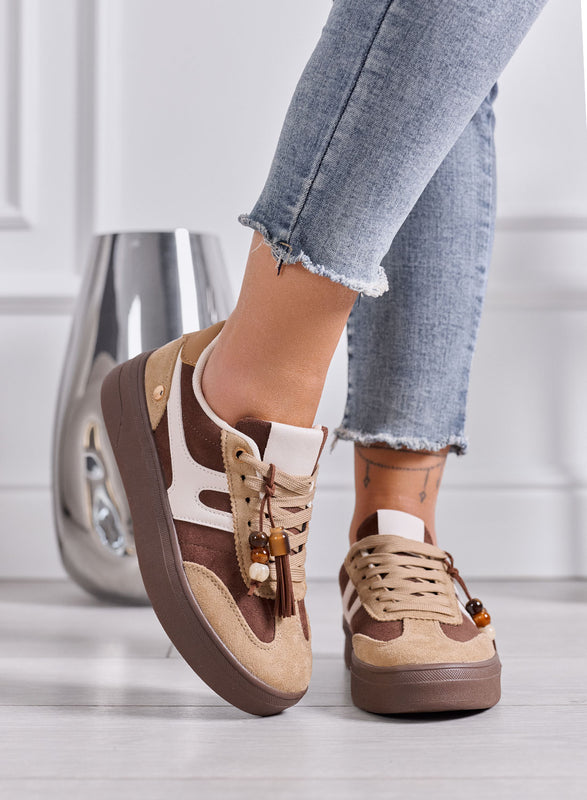 NASTIA - Sneakers Donna marroni Scamosciate con Nappine e Perline