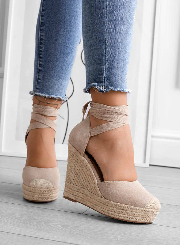 AMBRA - Espadrilles beiges avec corde et talon compensé en dentelle