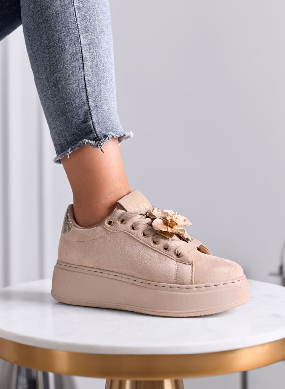 ORNELLA - Beige Platform Loafer Sneakers with Fringes and Beads